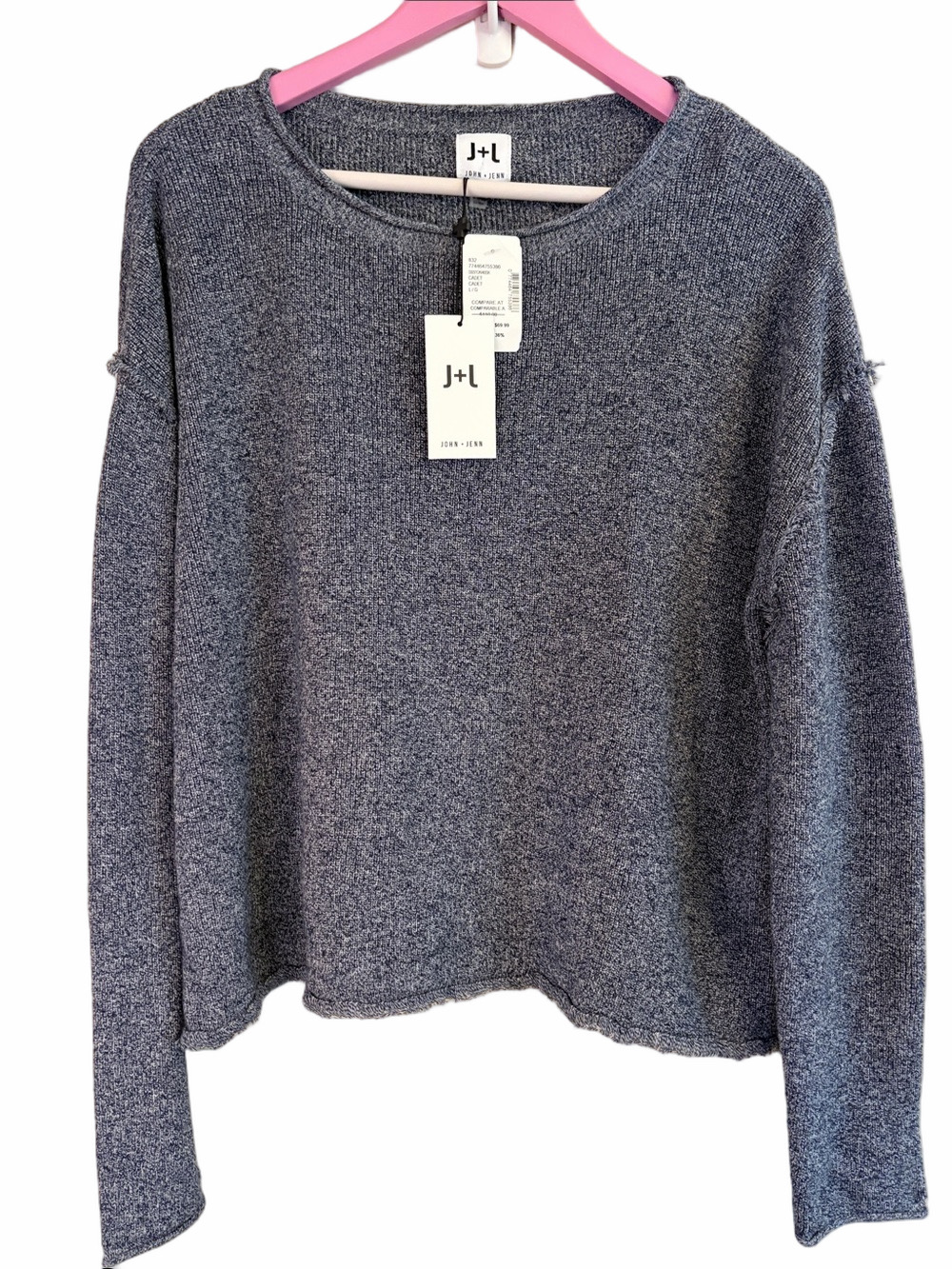 NWT❗️John + Jenn Heathered Navy Crewneck Fringe 100 Cotton Sweater
